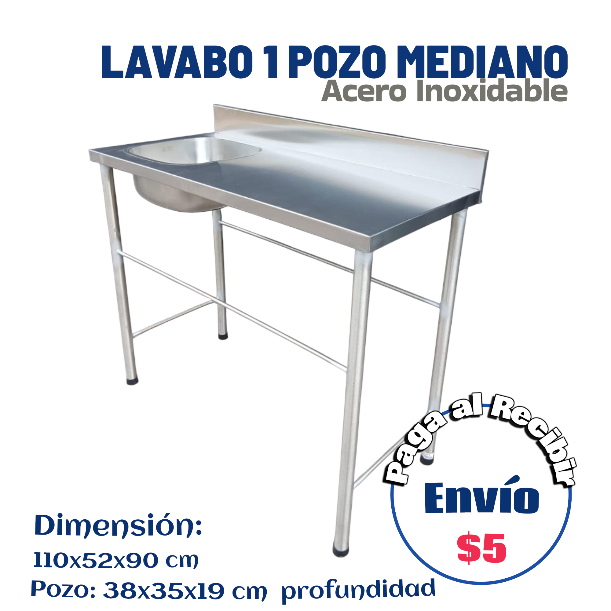 Lavabo base única 1 pozo mediano 110x52x90 cm