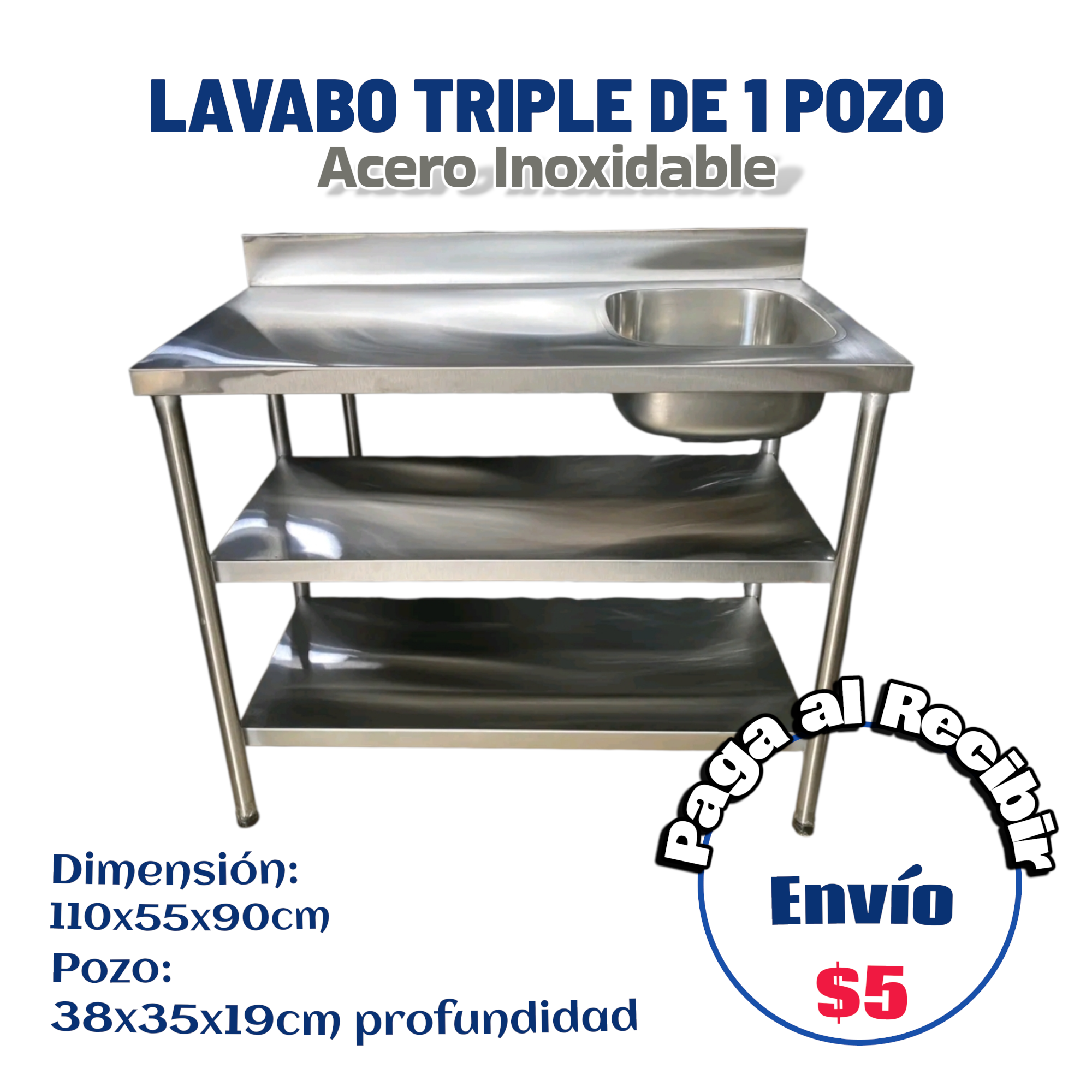 Lavabo triple base 1 pozo mediano 110x55x90 cm