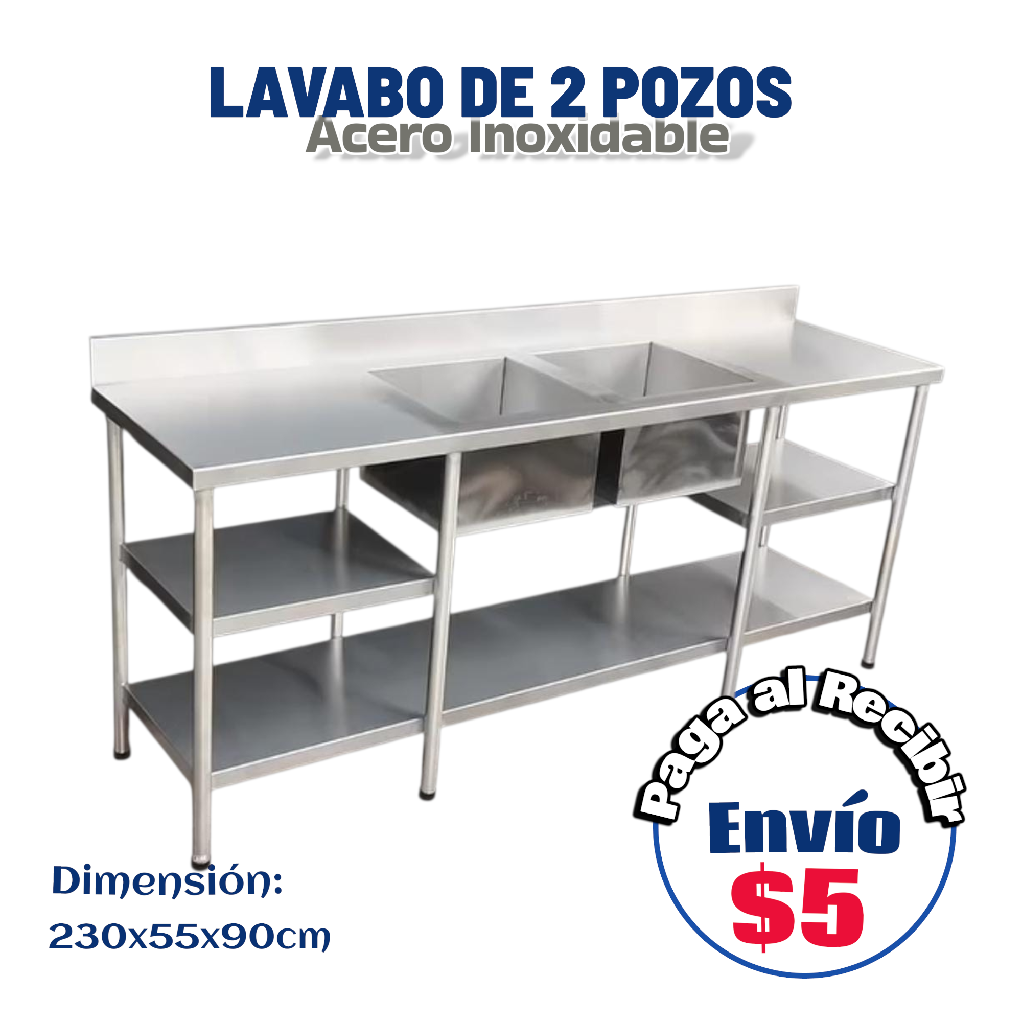 Lavabo extragrande 2 pozos profesionales 230x55x90 cm