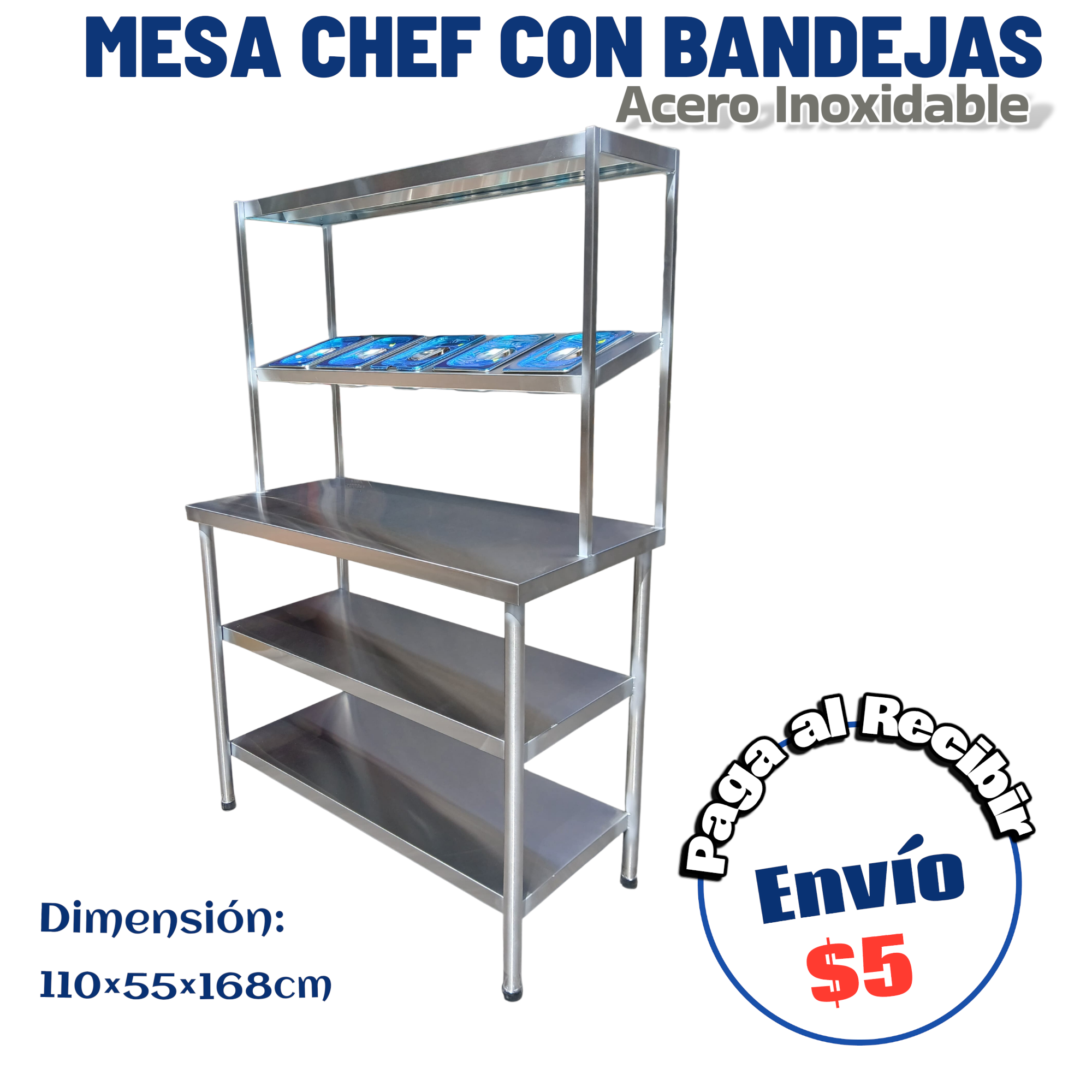 Mesa Triple Chef con 2 repisas y Topping 110x55 cm