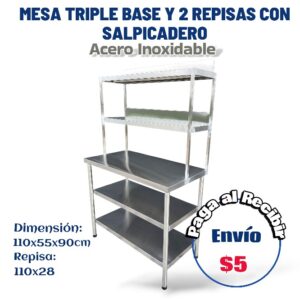 Mesa Chef triple con 2 repisas y salpicaderos 110x55x90 cm