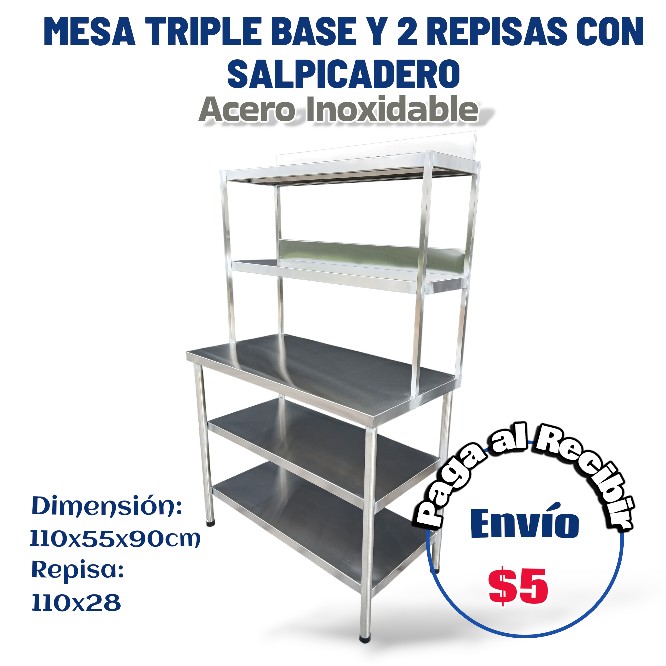 Mesa Chef triple con 2 repisas y salpicaderos 110x55x90 cm