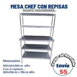 Mesa Chef triple con 2 repisas 110x55x90 cm